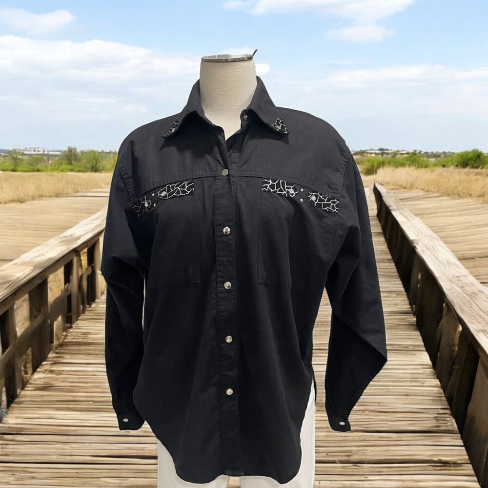 Black Long Sleeve Shirt S Leather Details‎ Snap Closures Western Country Cowboy